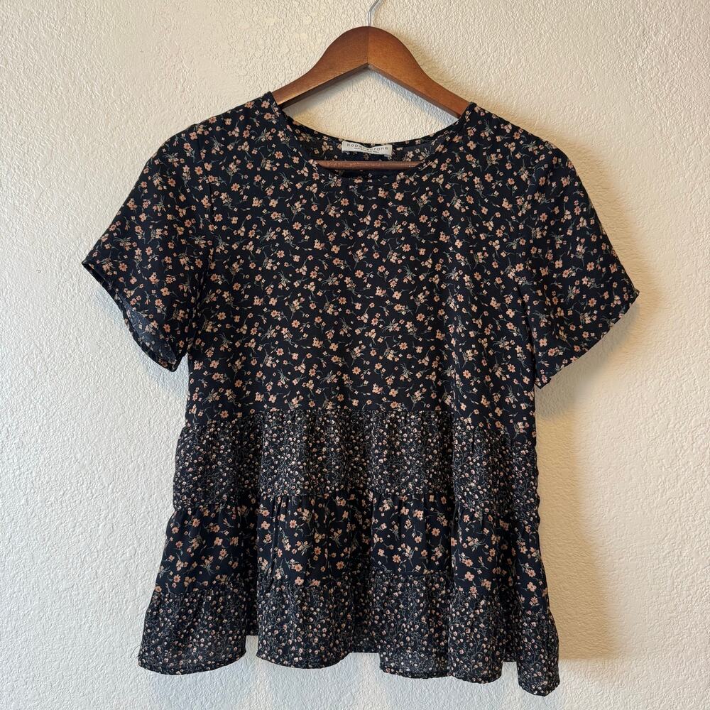 Paper Crane Black Floral Tiered Babydoll Blouse Size Small